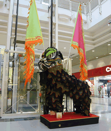 Chinese Props  Lion Dance Costume Display piece at a shopping centre. With Parade Flags